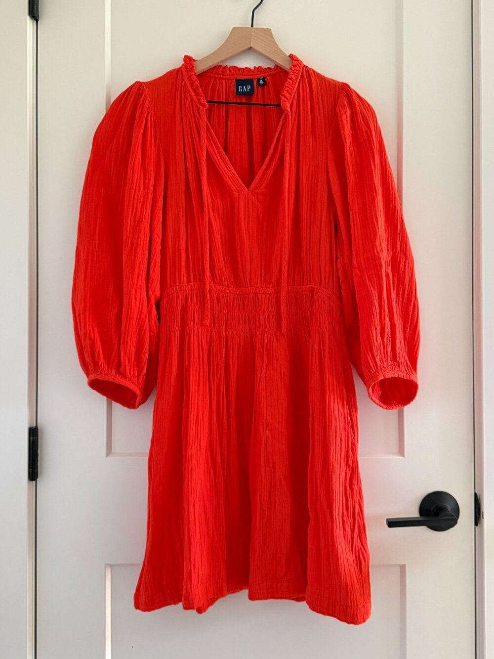 Gap Puff Sleeve Tie-Front Mini Dress Lava Orange